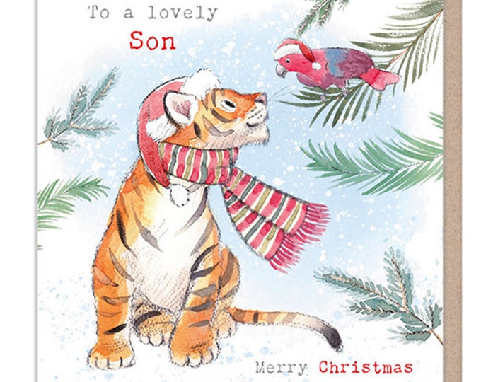 Son - Quality Christmas Card - 150 x 150mm - Charming Tiger illustration - 'Wonderfully Wild'  range - Made in UK -  WWX013