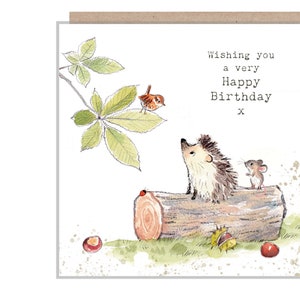 Verjaardagskaart egel - Kwaliteitskaart - Charmante illustratie - Egelmuis en vogel - Assortiment 'Bucklebury Wood' - Made in UK - BWE06