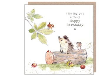 Hedgehog Birthday Card - Quality Card - Charming illustration - Hedgehog Mouse and Bird - 'Bucklebury Wood'  range - Made in UK -  BWE06