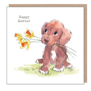Tarjeta de Pascua, tarjeta de felicitación de calidad, lindo cachorro marrón, ilustraciones conmovedoras, hecha en el Reino Unido, ABEASTER06