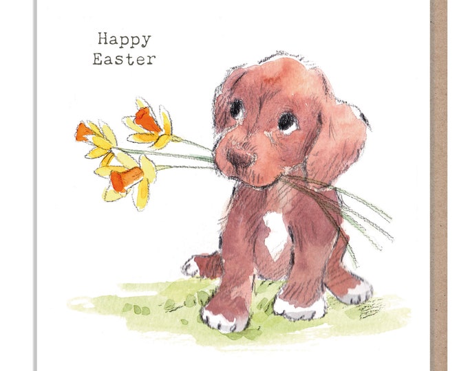 Easter Card , Quality Greeting Card, Cute Brown Puppy , heart warming Illustrations, made in UK, ABEASTER06