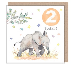 Carte d'anniversaire de 2 ans - Charmante illustration - Éléphant - Gamme « Party Time » - Fabriquée au Royaume-Uni - PTAGE02