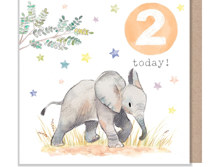 AGE 2 Birthday Card -  Charming illustration - Elephant- 'Party Time'  range - Made in UK -  PTAGE02