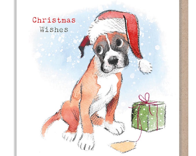 Christmas wishes - Quality Christmas Card - 150 x 150mm - Charming boxer illustration - 'Absolutely barking' range - Made in UK -  ABX0108