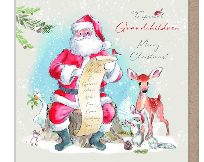 To Special Grandchildren - Christmas Card -150 x 150mm - Santa's List - 'Wintery Tails'  range - Made in UK - WT010
