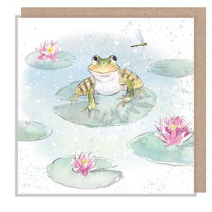 Cartão em branco - Cartão de felicitações de qualidade - Ilustração de sapo e nenúfar - Linha 'Down by the river' - feito no Reino Unido - RIV014