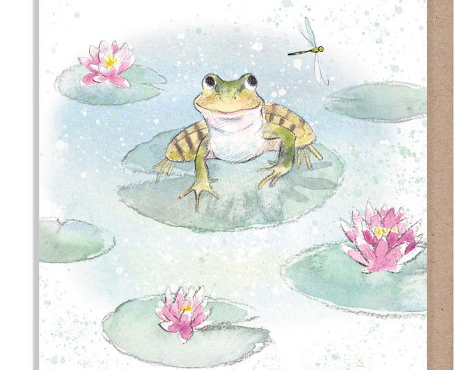 Blank Card  -Quality greeting Card - Frog and waterlily illustration - 'Down by the river' range - made in UK  - RIV014