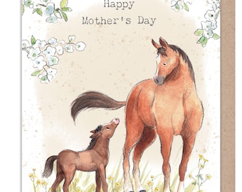 Mothers day Card - Quality Card - Charming illustration - 'Buttercup Farm' - Horse and Foal Made in UK - BFMD02