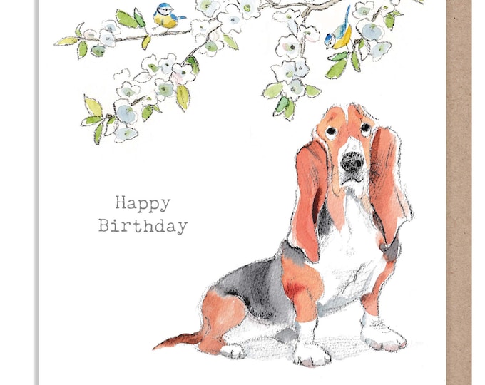 Birthday Card - Quality Greeting Card - Charming Dog illustration - 'Absolutely barking' range - Basset looking at Bluebirds - ABE103