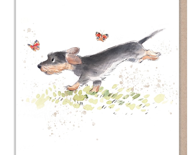 Blank Card - Quality Greeting Card - Charming Dog illustration - 'Absolutely barking' range - Running Sausage dog - Made in UK -  ABE070