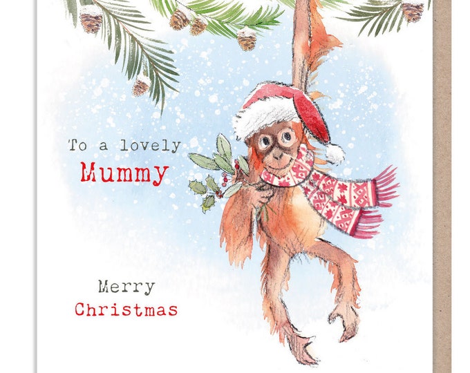 To a lovely Mummy - Quality Christmas Card - 150 x 150mm - Charming Orangutan illustration - 'Wonderfully Wild' range - Made in UK -  WWX010