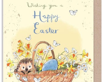 Easter Card - Quality Card - Charming illustration - Hedgehog in Flower basket - 'Morris and Maude' range - Made in UK -  MMEASTER01