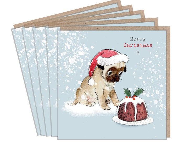5 Quality Christmas Cards - 1 design 5 Cards  - Christmas Card pack - dog cards - Pug illustration- Made in UK -no plastic