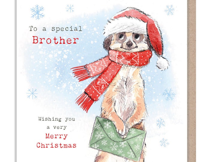 Brother - Quality Christmas Card - 150 x 150mm - Charming Meerkat illustration - 'Wonderfully Wild'  range - Made in UK -  WWX016