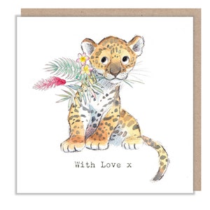 Cartão de felicitações Leopardo - Ilustração encantadora - Leopardo com flor de gengibre - Gama 'Wonderfully Wild' - Fabricado no Reino Unido - WWE011