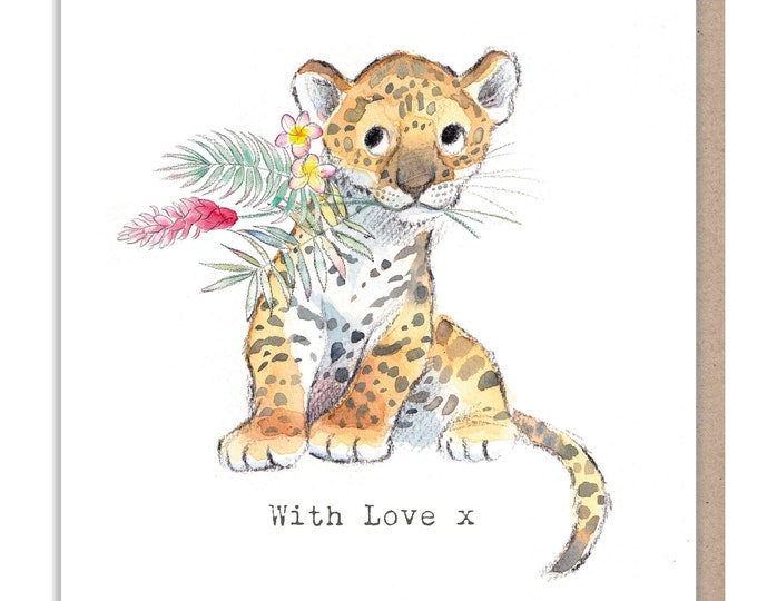 Leopard  Greeting Card - Charming illustration - Leopard with Ginger flower - 'Wonderfully Wild'  range - Made in UK -  WWE011