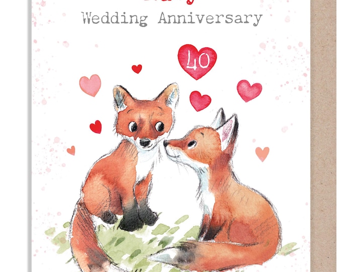 Ruby Anniversary - Quality Card - Congratulations on your Ruby wedding - 40 years - Fox with hearts 'Bucklebury Wood' range - BWE045
