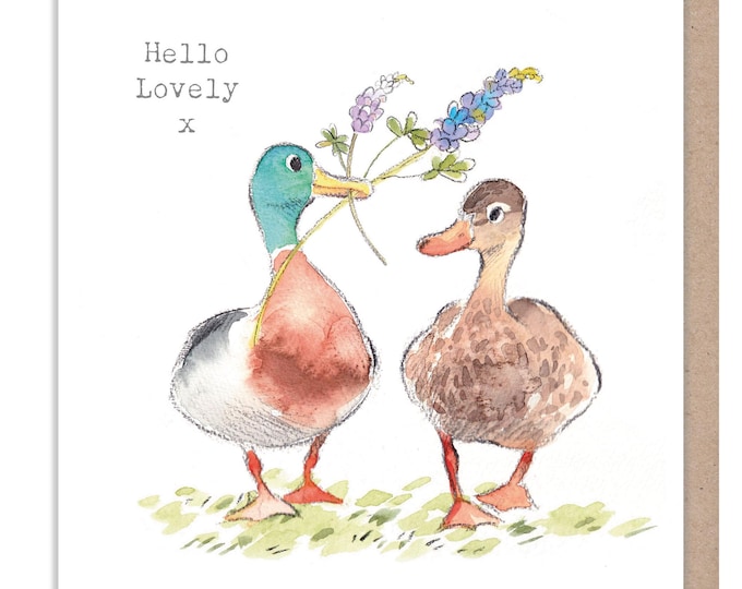 Hello Lovely -Quality greeting Card - Mallards with Flowers illustration - 'Down by the river' range - made in UK  - RIV013