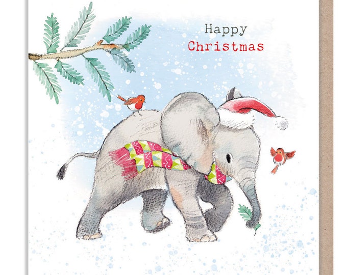 Happy Christmas - Quality Christmas Card - 150 x 150mm - Charming Elephant illustration - 'Wonderfully Wild'  range - Made in UK -  WWX01