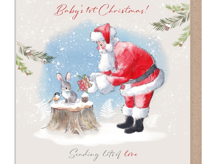 Baby's 1st Christmas - Quality Christmas Card -150 x 150mm - Santa with parcel illustration - 'Wintery Tails'  range - Made in UK - WT07