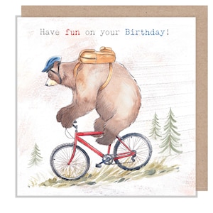 Carte d'anniversaire, amusez-vous le jour de votre anniversaire ! - Carte de voeux de qualité, gamme « Hey Bear », vélo avec ours, illustrations amusantes, fabriquée au Royaume-Uni, HBE02