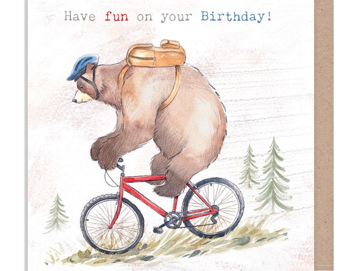 Birthday card, Have fun on your Birthday! - Quality Greeting Card, Bear riding Bike 'Hey Bear' range, Fun Illustrations, made in UK, HBE02
