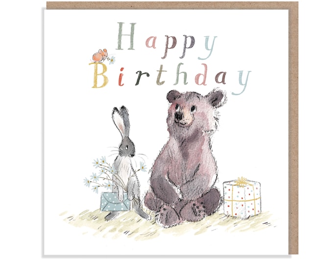 Happy Birthday, Quality Greeting Card, 'the Bear, the Hare, and the Mouse' , heart warming Illustrations, made in UK, no plastic, BHME011