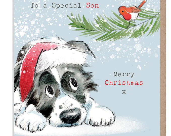 SON Christmas Card - Quality Christmas Card - Charming illustration - 'Absolutely barking' range- Border Collie- Made in UK -  ABX017