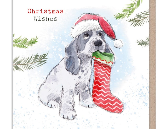 Christmas wishes - Quality Christmas Card - 150 x 150mm - Cocker Spaniel illustration - 'Absolutely barking' range - Made in UK -  ABX109