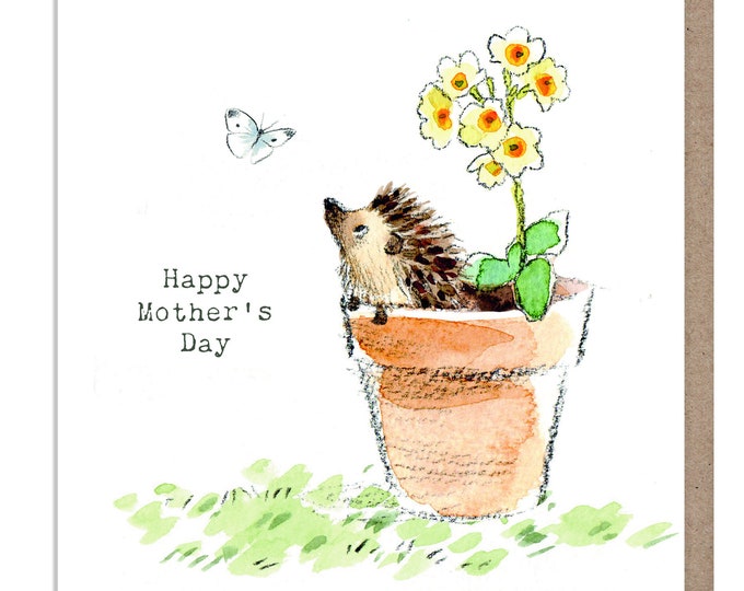 Mothers day - Quality Card - Charming illustration - Hedgehog in Flowerpot - 'Bucklebury Wood'  range - Made in UK -  BWMD02