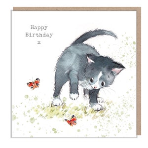 Carte d'anniversaire de chat - Carte de voeux de qualité - Charmante illustration - Gamme « Pawsitively Purrect » - Chat noir avec papillon - Fabriqué au Royaume-Uni-EPP05