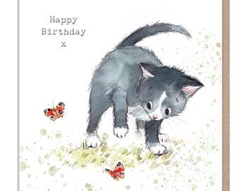Cat Birthday Card - Quality Greeting Card - Charming illustration - 'Pawsitively Purrect' range - Black Cat with Butterfly- Made in UK-EPP05