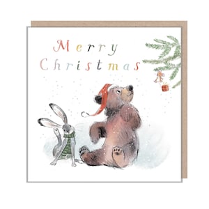 Carte de Noël de qualité, « l’ours, le lièvre et la souris », illustration d’ours mignon réchauffant le cœur, ours regardant la souris, fabriqué au Royaume-Uni, BHMX07