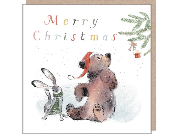 Quality Christmas Card,'the Bear, the Hare, and the Mouse', Cute heart warming  Bear Illustration, Bear looking at Mouse, made in UK, BHMX07