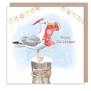 Cartão de Natal Gaivota - Feliz Natal - Ilustração de Gaivota e Luzes - linha 'by the Seashore' - feito no Reino Unido - SEAX02
