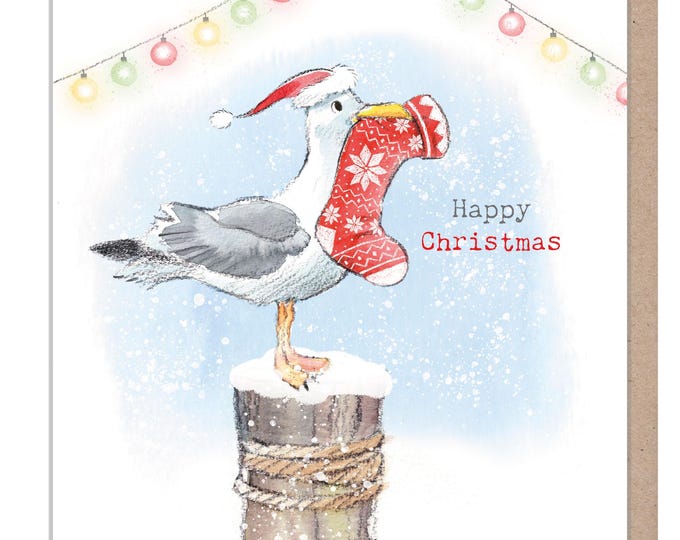 Seagull Christmas Card - Happy Christmas - Seagull and Lights illustration - 'by the Seashore' range - made in UK  - SEAX02