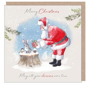Tarjeta navideña de calidad: Que tus sueños se hagan realidad - 150 x 150 mm - Ilustración de Papá Noel con paquete - Gama 'Wintery Tails' - Fabricada en el Reino Unido - WT01