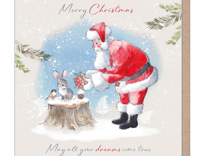 Quality Christmas Card- May your Dreams come true -150 x 150mm - Santa with parcel illustration - 'Wintery Tails'  range - Made in UK - WT01