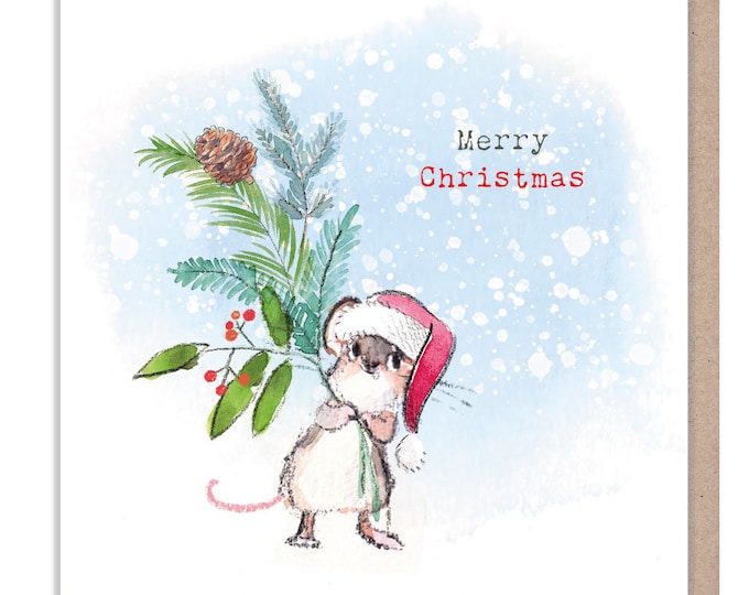 Merry Christmas - Quality Christmas Card - 150 x 150mm - Charming Mouse illustration - 'Bucklebury Wood'  range - Made in UK -  BWX013