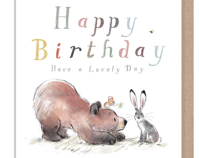 Birthday Card, Quality Greeting Card, 'the Bear, the Hare, and the Mouse', heart warming Illustrations, made in UK, no plastic,BHME025