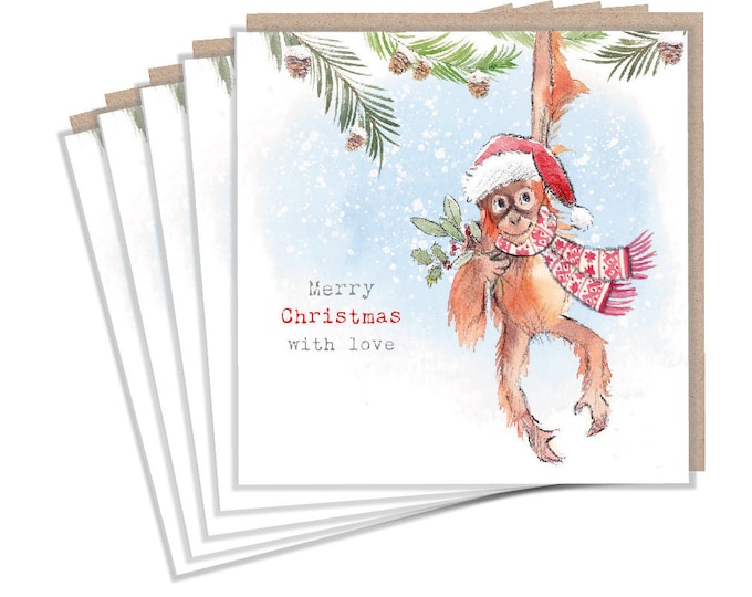 Christmas Card pack - 5 small quality cards with brown recycled envelopes -125 x 125mm-  one design - Cute Orangutan -  XPACK010