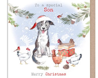 Son Christmas card - Dog and Chickens 'Buttercup Farm' Illustration BFX013