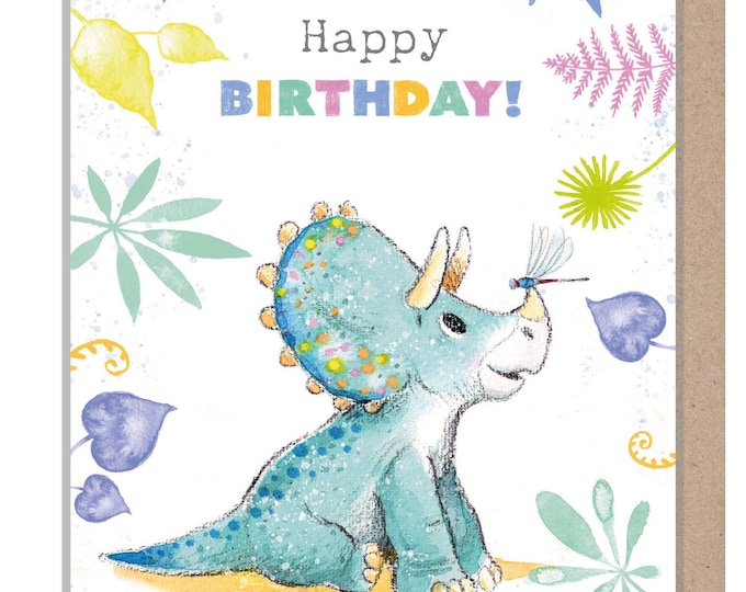 Dinosaur Birthday Card - 'Totally Roarsome' range - Cute Dinosaur illustration - Triceratops- TR010