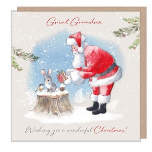 Tarjeta navideña de calidad para bisnieto, 150 x 150 mm, ilustración de Papá Noel con paquete, gama "Wintery Tails", fabricada en el Reino Unido, WT017