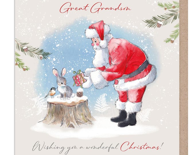 Great Grandson  - Quality Christmas Card -150 x 150mm - Santa with parcel illustration - 'Wintery Tails'  range - Made in UK - WT017