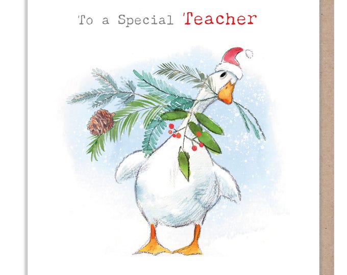 Special Teacher -Quality Christmas Card - White Duck and Foliage Illustration - 'Down by the river' range - Made in UK -  RIVX08