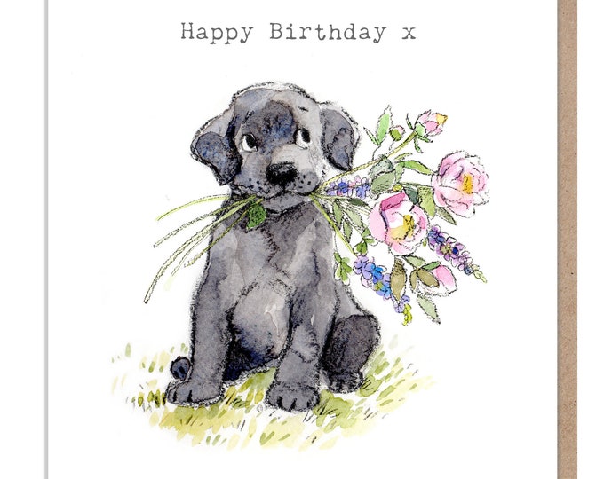 Dog Birthday Card - Quality Greeting Card - Charming illustration - 'Absolutely barking' range - Black Labrador - Made in UK -  ABE042