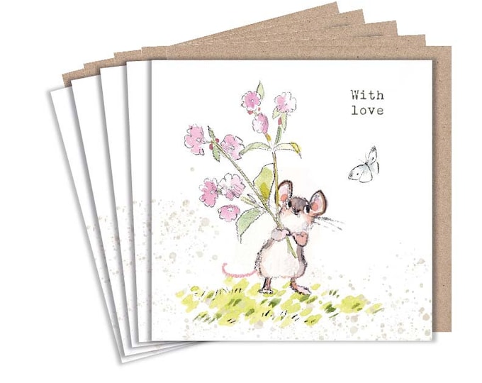 Notelet Pack - 5 small quality cards with recycled brown envelopes (125 x 125mm)  - With Love - Mouse with Flowers - EPACK012