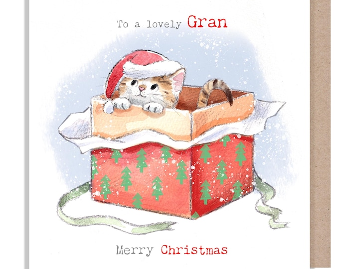 Gran Christmas Card - Christmas Wish - Charming Cat illustration - 'Pawsitively Purrect' range - Kitten in a gift box- Made in UK -XPP018
