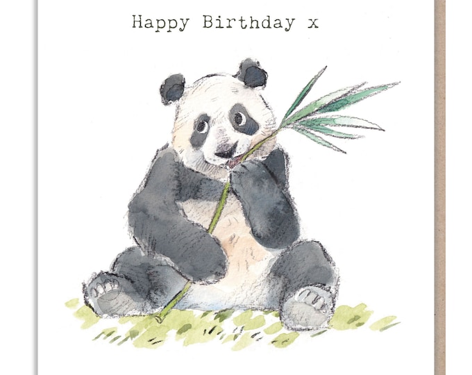 Panda Birthday Card - Charming illustration - Panda eating bamboo - 'Wonderfully Wild'  range - Made in UK -  WWE05